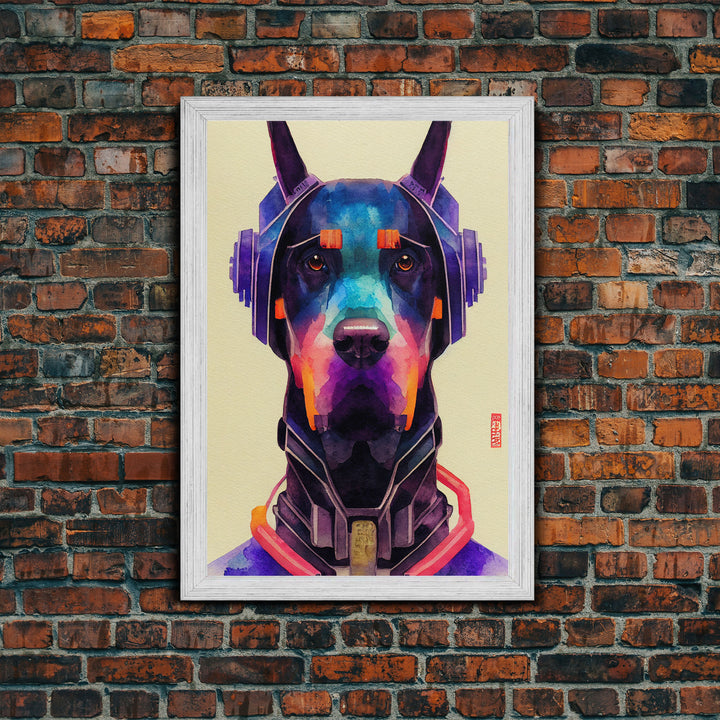 Cyberpunk Dobermann Pinscher Portrait, Watercolor, Framed Canvas Print, Ready To Hang Framed Wall Art, Living Room Wall Hanging