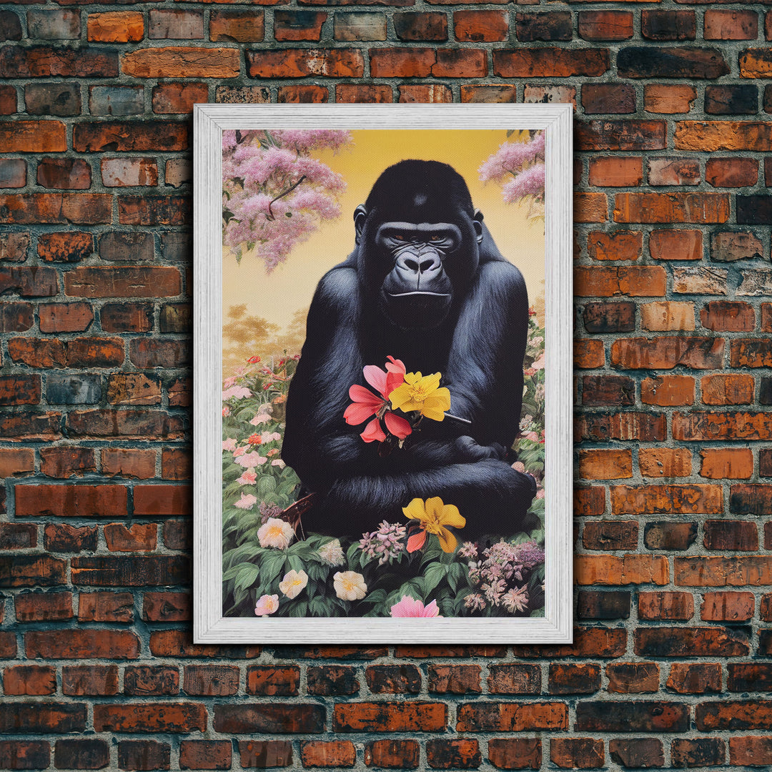 Portrait of a happy gorilla holding flowers, Framed Canvas Print, Ready To Hang Framed Wall Art