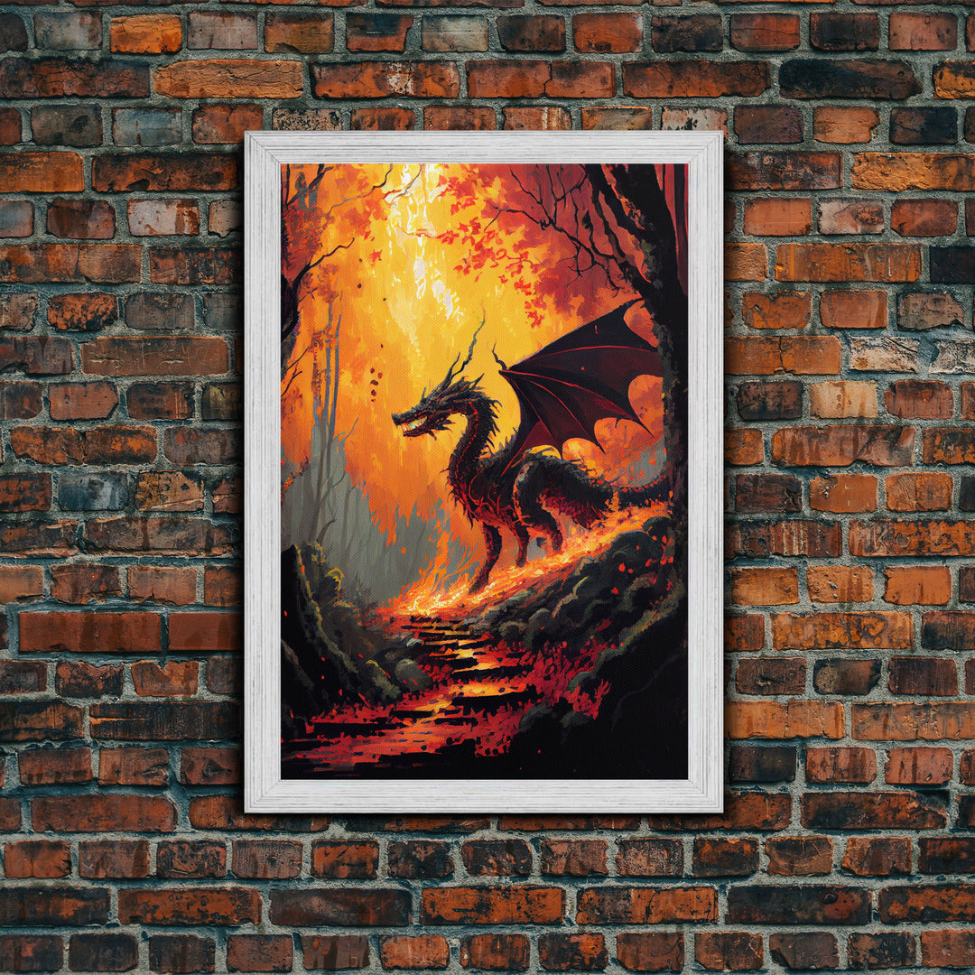 Dragon standing in a burned forest, fantasy art, fine art poster print