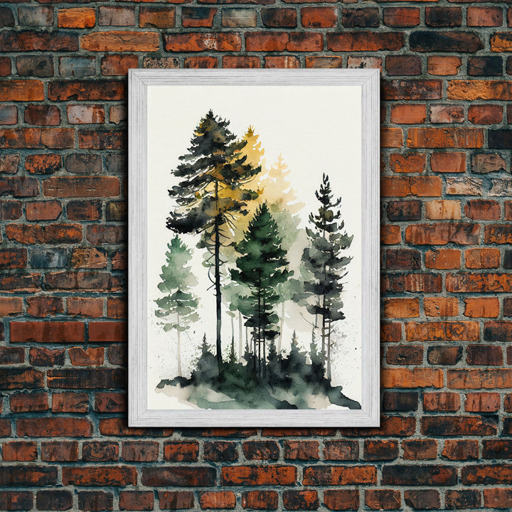 Watercolor pine tree forest, framed canvas print, cool wall art