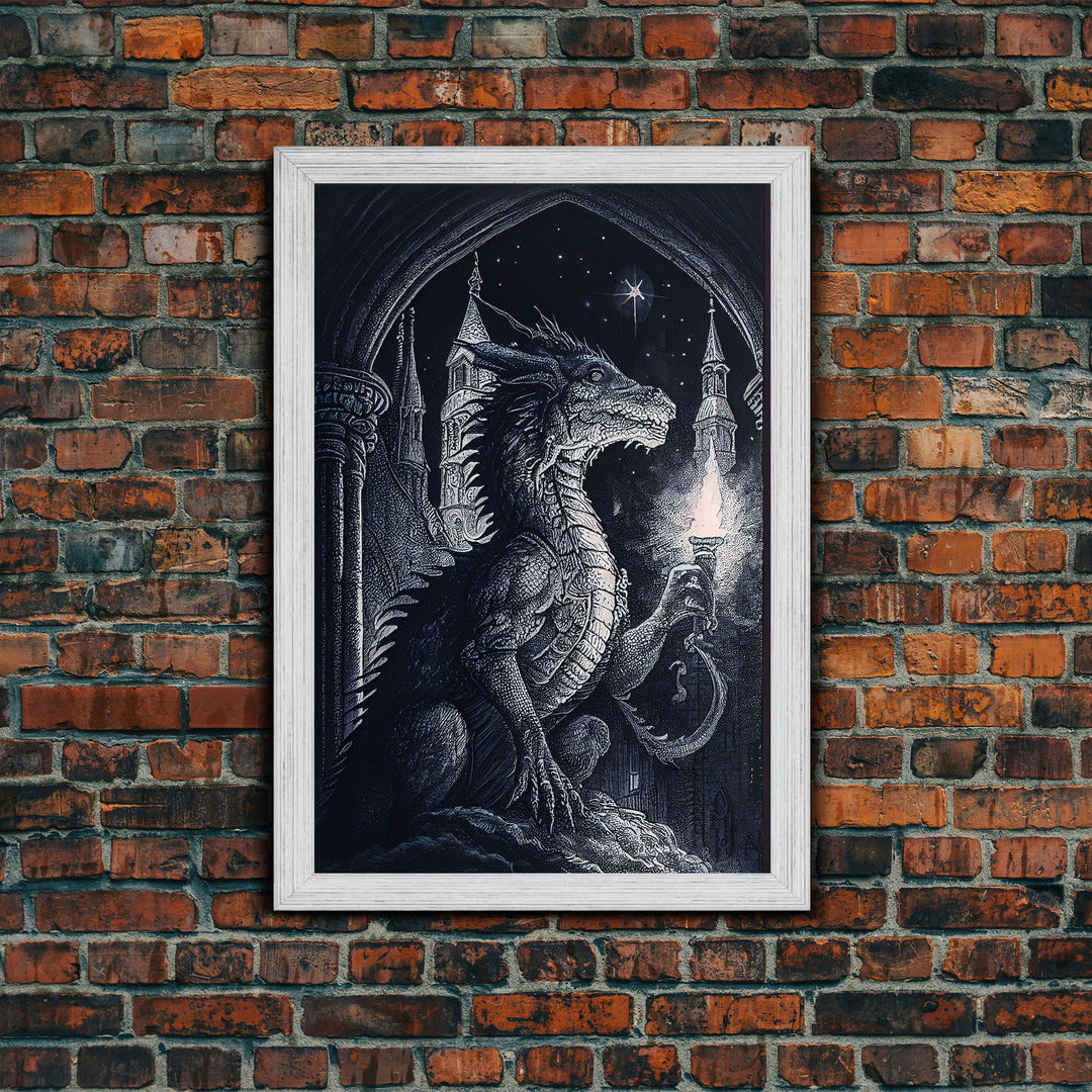 Dragon holding a torch, poster art, black and white dragon