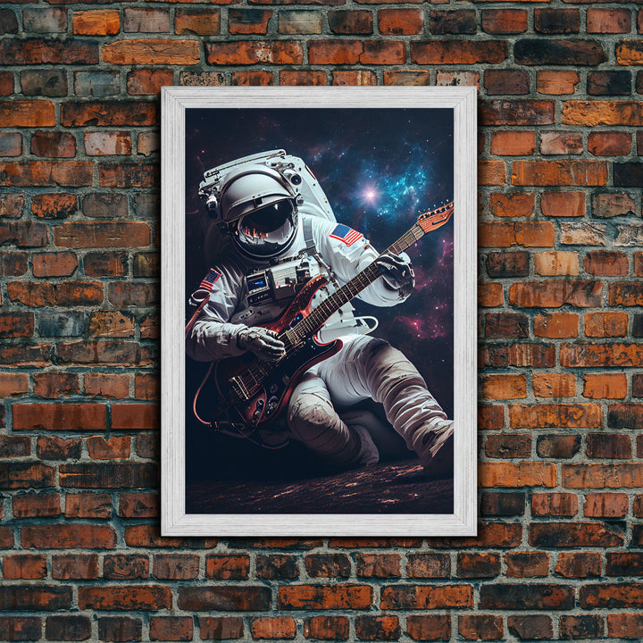 Jammin' in space, astronaut playing the guitar, framed canvas print