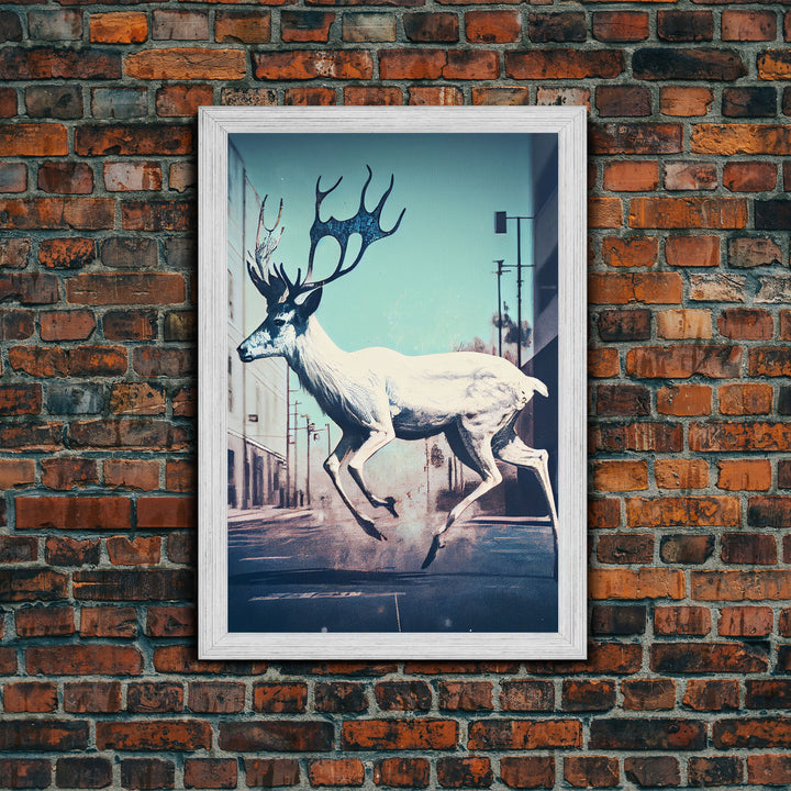 White stag in the city, post-apocalyptic urban decay art, framed canvas print