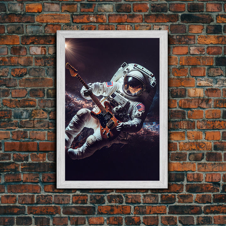 Space man jam, astronaut playing guitar in space, framed canvas print wall art