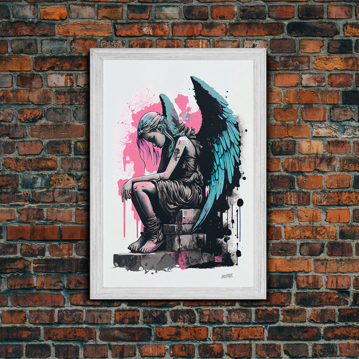 Sad angel graffiti art, street inspired art, framed canvas print, framed wall art