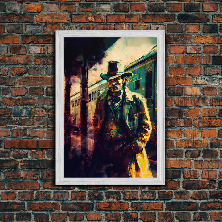 Cowboy waiting for the train, framed wall art, framed canvas print