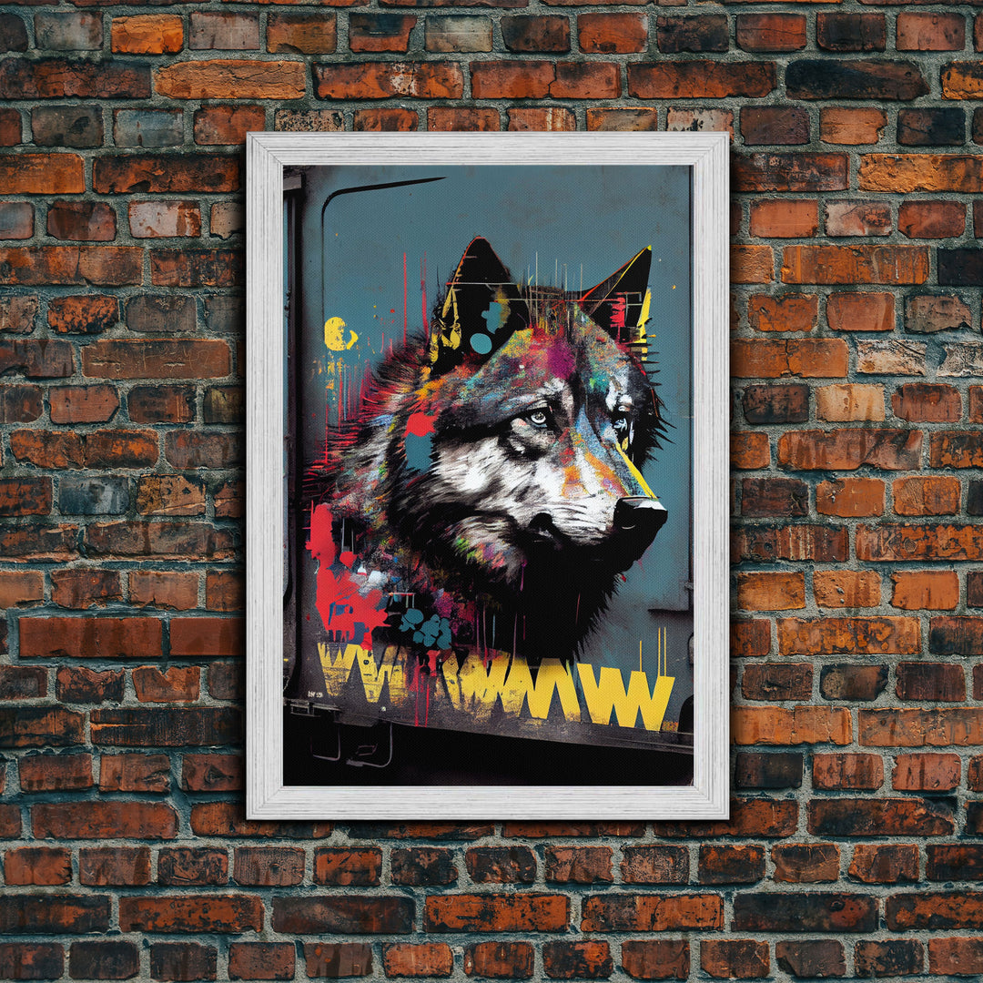 Wolf graffiti on a subway train car, framed canvas print, framed wall art