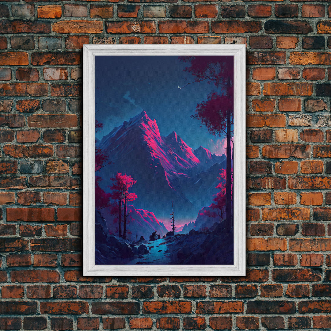 Vaporwave mountain landscape, pink and purple mountain art, framed canvas print