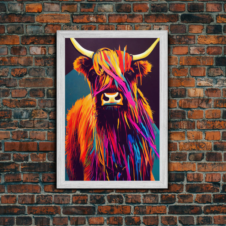 Colorful farmhouse art, Highland cow, Scotland cattle, framed canvas print