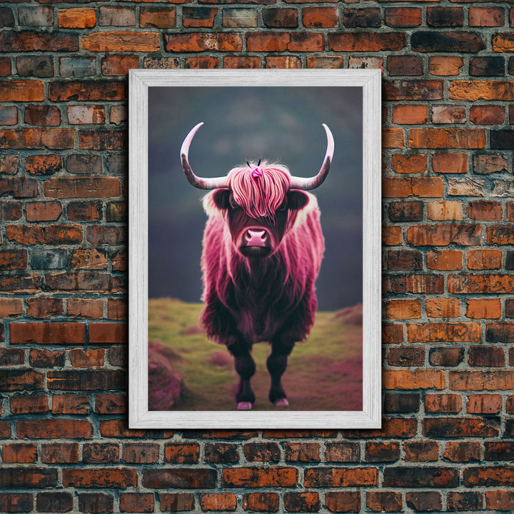 Colorful farmhouse art, Highland cow, Scotland cattle, framed canvas print, pink cow