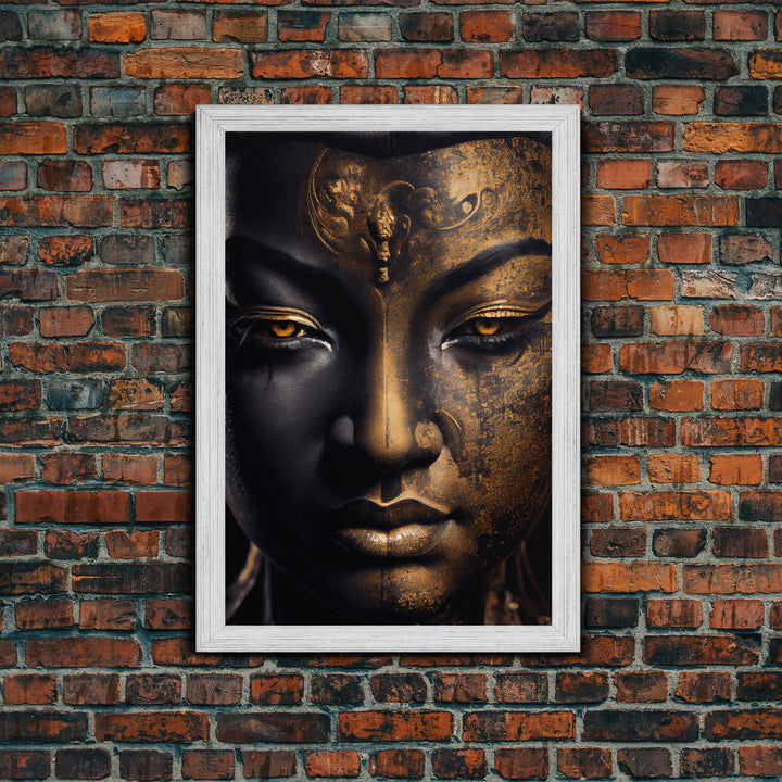 Golden eyed buddha statue framed canvas print, art for yoga studio, zen art