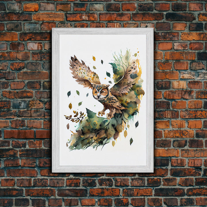 Watercolor of an owl in flight, owl portrait, framed canvas print, cool nature wall art