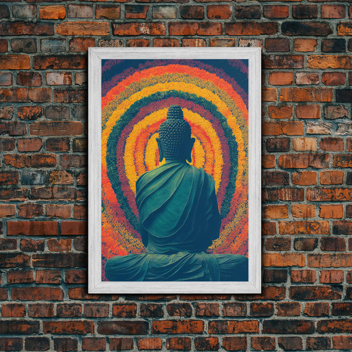 Colorful rainbow Buddha facing a ring of flowers, framed canvas print, yoga studio art