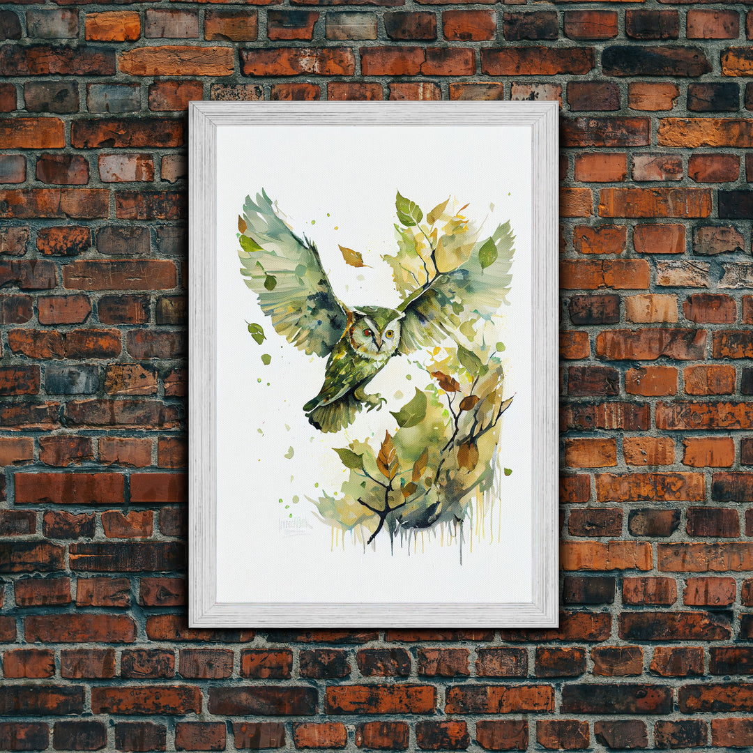 Watercolor of an owl in flight, owl painting print, framed canvas print, cool nature wall art, watercolor