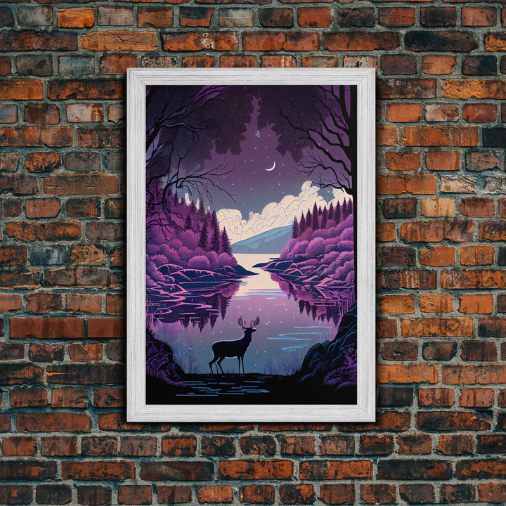 Mystical Deer Purple Forest Lake Wall Art Canvas Print - Serene Nature Scene Vibrant Artwork