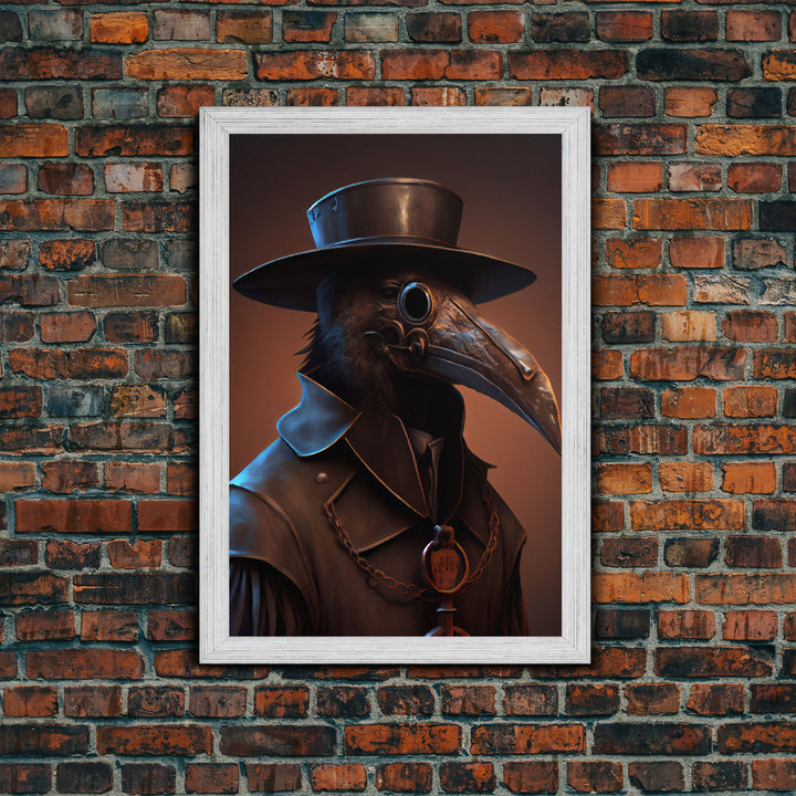 Crow wearing a plague doctor mask, poster art, cool spooky fine art poster print