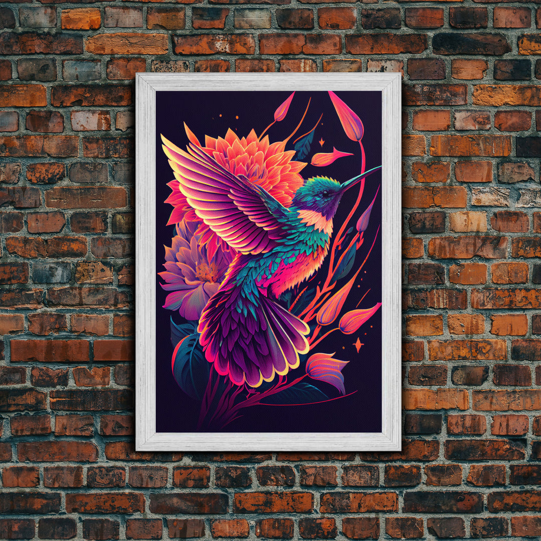 Beautiful Retro-Wave Humming Bird, framed canvas print, Colorful farmhouse wall art