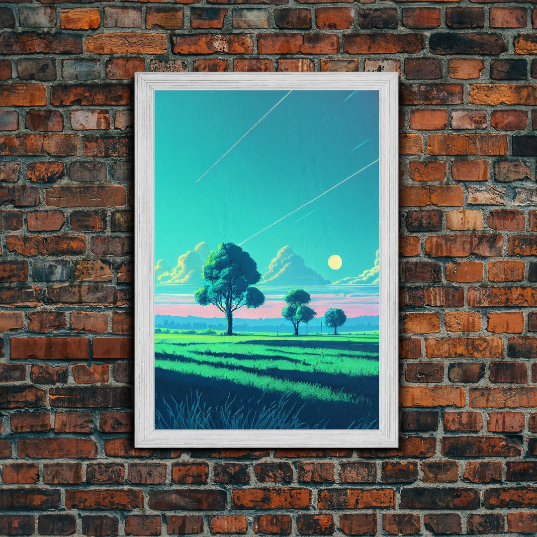 Retrowave landscape pixel art, soothing art, framed canvas print, light pastel sunset