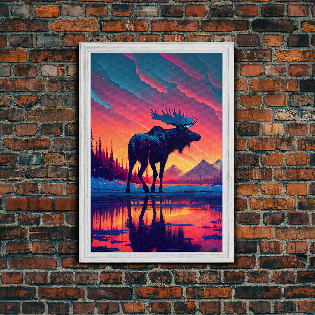 Moose In Lake Mountains Pine Trees Snow Fine Art Print, Wall Decor, Wall Poster, Wall Art Print