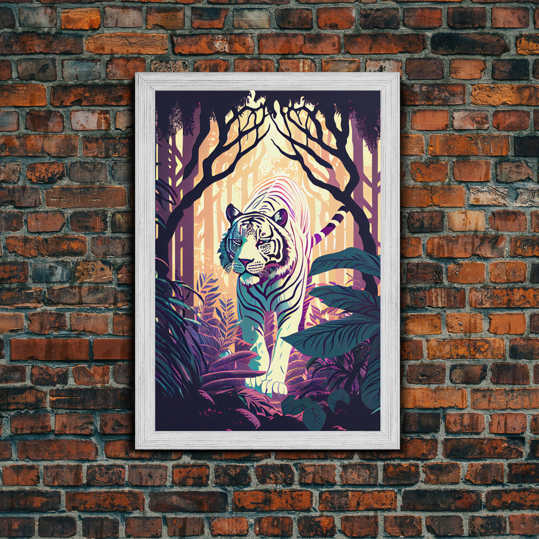 White tiger in the jungle, retro wave art, framed canvas print, albino tiger, rare art