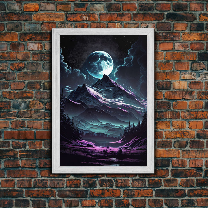 Mythical mountains fantasy art, framed canvas print, full moon over a mystical mountain landscape