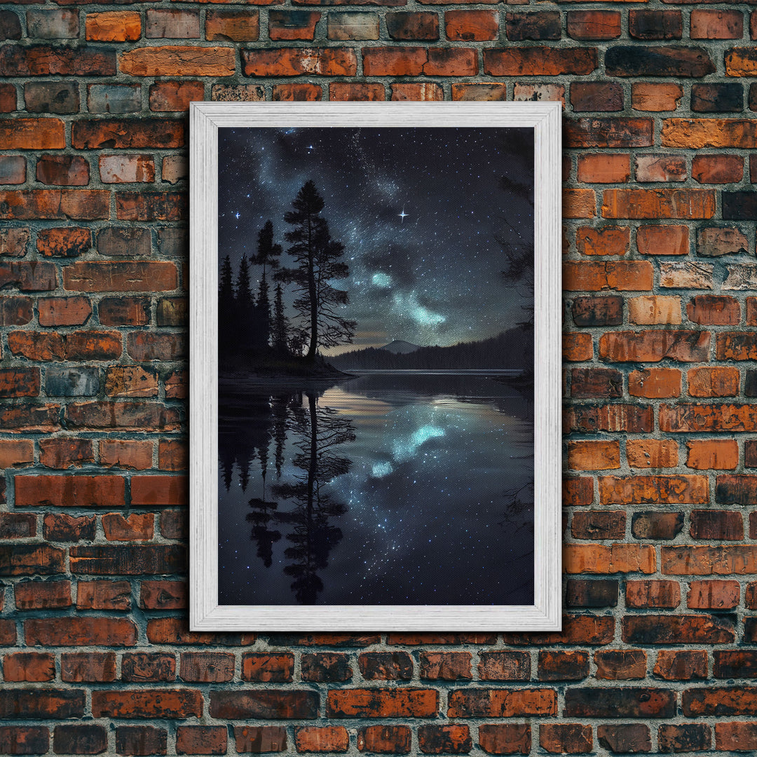 Reflections of a starry night sky over the lake, lakehouse art, beautiful framed canvas print