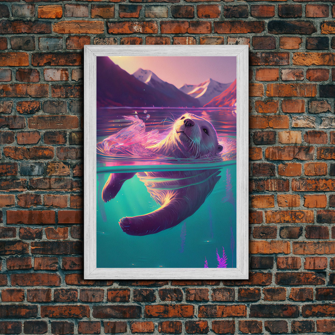 Cute Otter going for a swim, pastel retro style art, framed canvas print, Otter out for a swim in a mountain lake