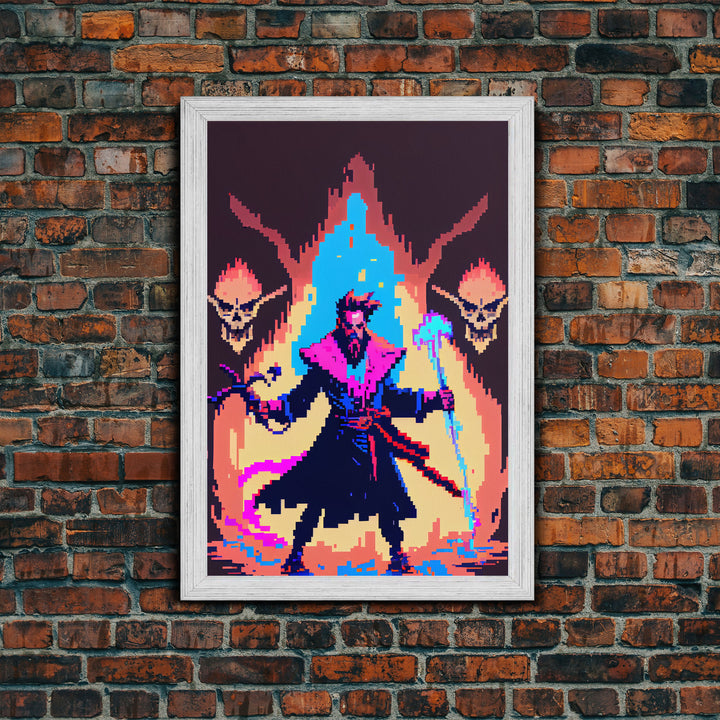 Tabletop RPG pixel art, Human Necromancer Art, framed canvas print, framed game room decor