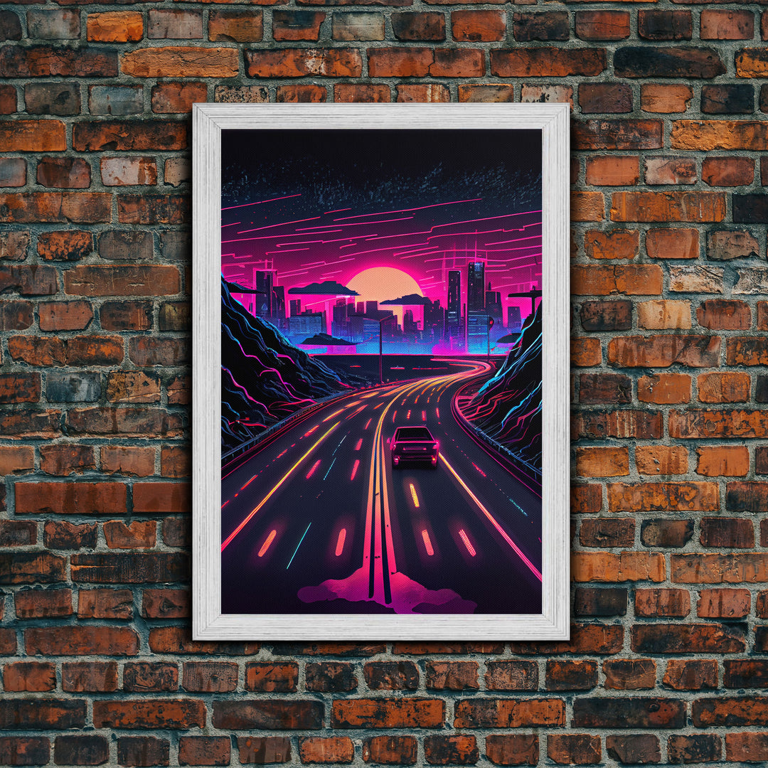 The Drive, Retrowave Outrun Style City Skyline Sunset, 80s Vibes, Framed Canvas Print