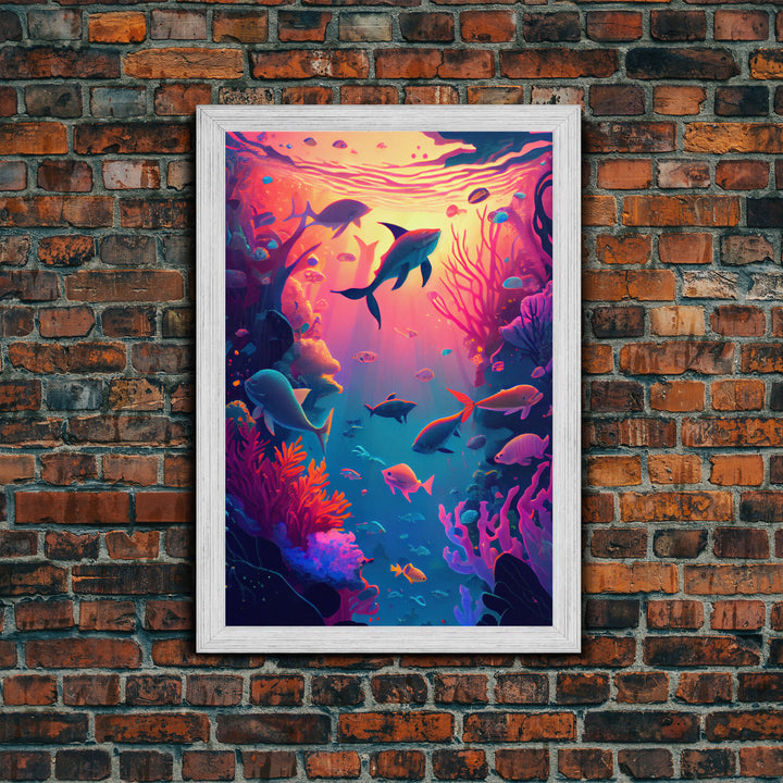 80s Vibe Under The Sea Coral Reef Art, framed canvas print, fish and reef art