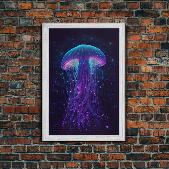 Bioluminescent Jellyfish against a Starry night sky, Cosmic Jelly Fish, Framed Canvas Print, synthwave style art