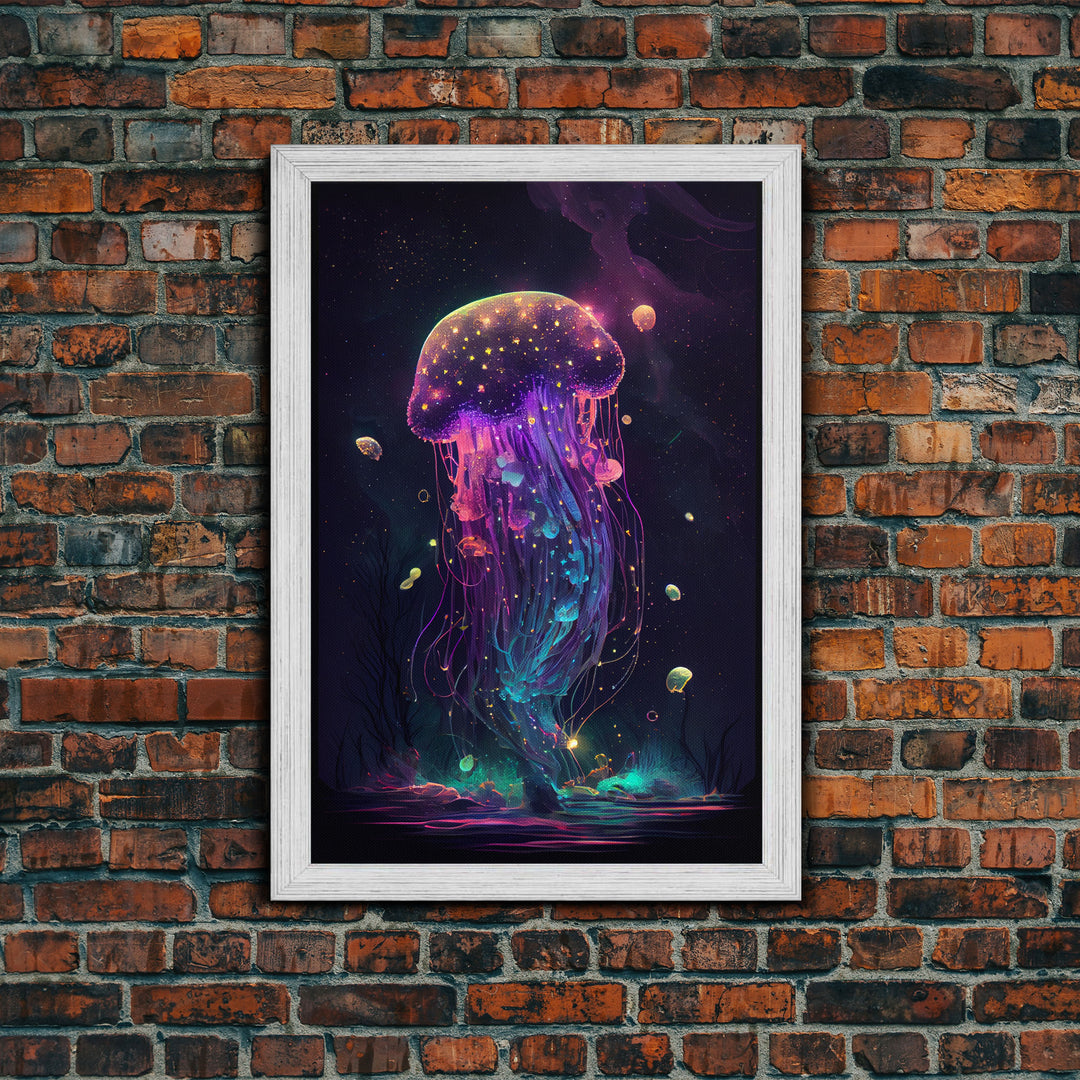 Bioluminescent Cosmic Jellyfish against a Starry night sky, JellyFish Art, Framed Canvas Print, synthwave style art