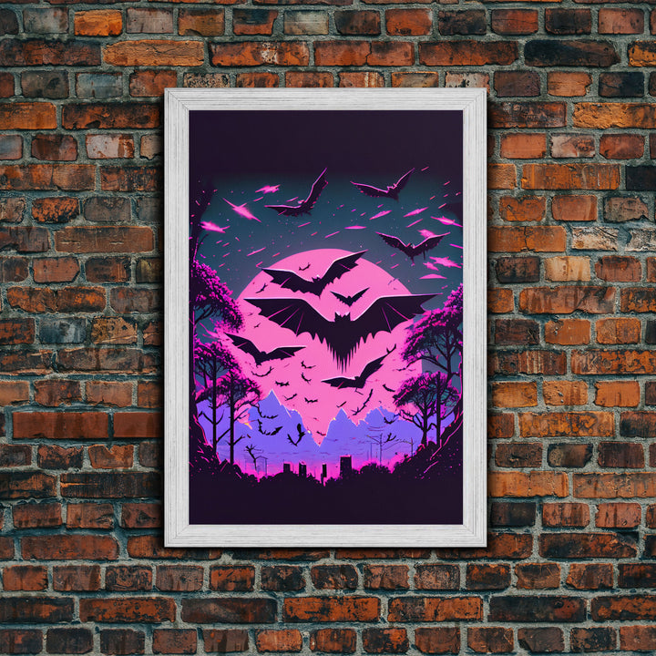 Vampire Bat Art, Horror, framed canvas print, bats in flight over a pink full moon, Halloween Decor, Halloween Wall Art