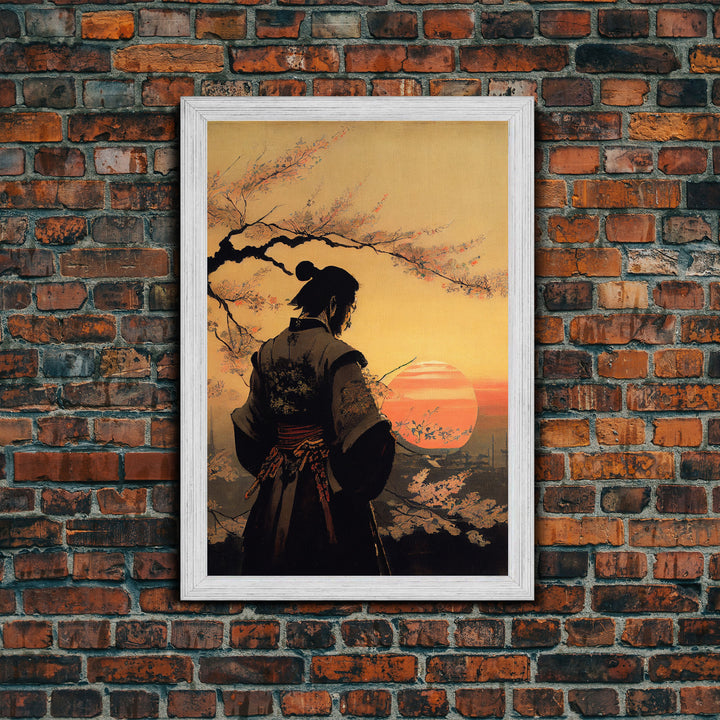 Watercolor of a Samurai observing a sunset, Framed Canvas Print, unique wall art