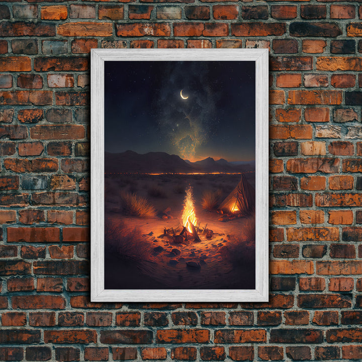 Primitive Art, Campfire under the stars, camping art, framed canvas print