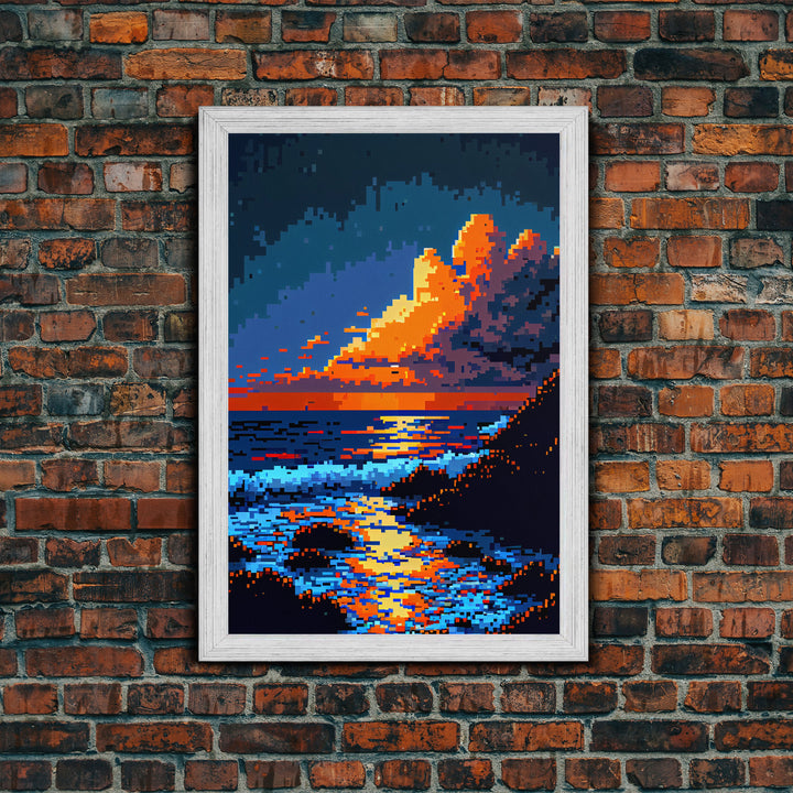 Pixel Art Sunset obscured by clouds, framed canvas print, 8 bit art