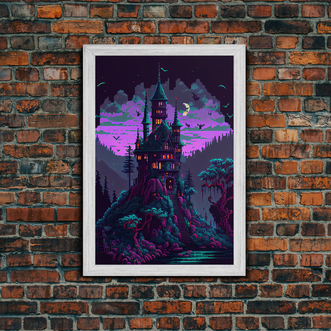 Transylvania Art, Cool Medieval castle 8 bit pixel art, fantasy art, framed canvas print, Cool castle art