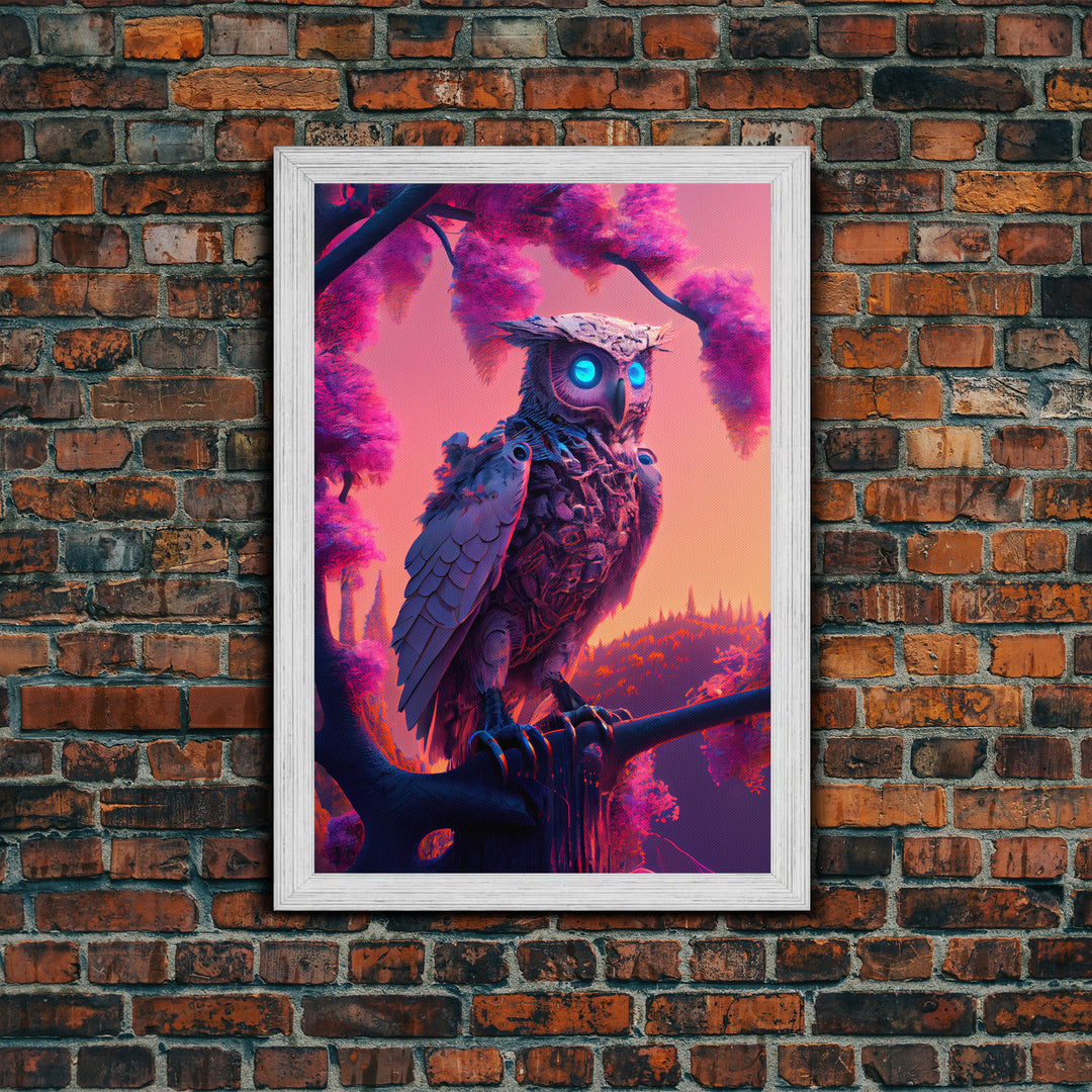 Cyberpunk Robot Owl, framed canvas print, Cybernetic android owl art, vaporwave aesthetic futuristic art