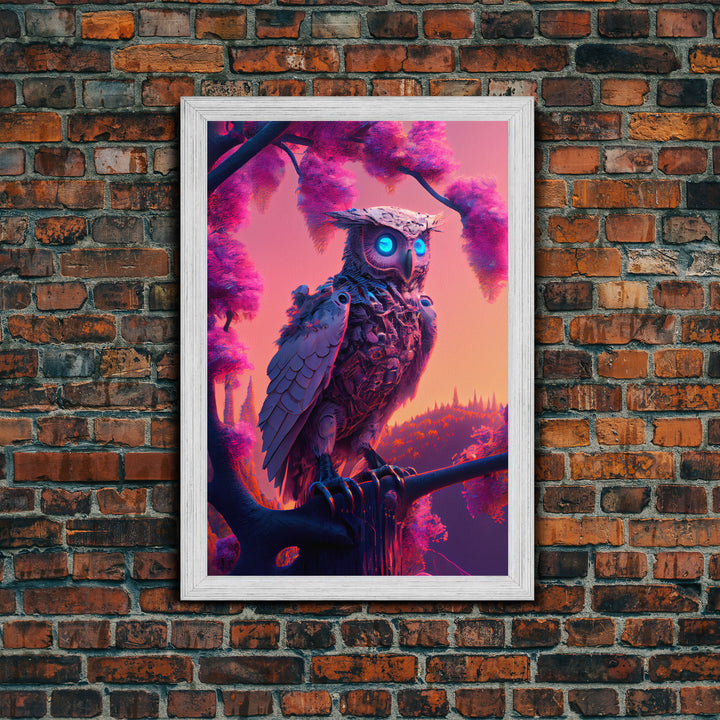 Cyberpunk Robot Owl, framed canvas print, Cybernetic android owl art, vaporwave aesthetic futuristic art