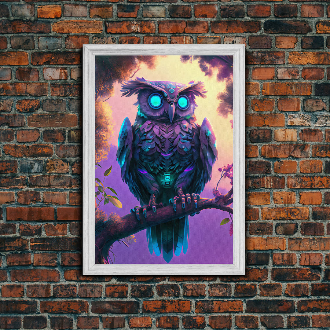 Cyberpunk Robot Owl, framed canvas print, Cybernetic android owl art, vaporwave aesthetic futuristic art