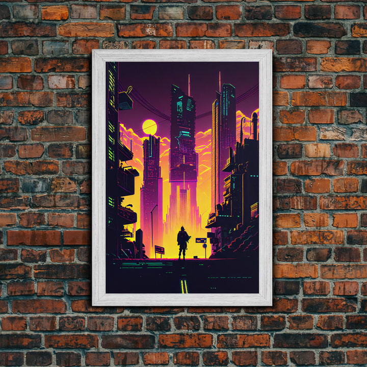 Cyberpunk art, Retrowave style dystopian cityscape art, game room art, framed canvas print, retro wave city skyline