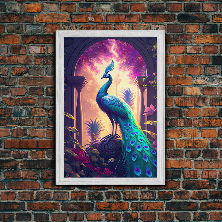 Turquoise peacock art, fantasy decor, framed canvas print