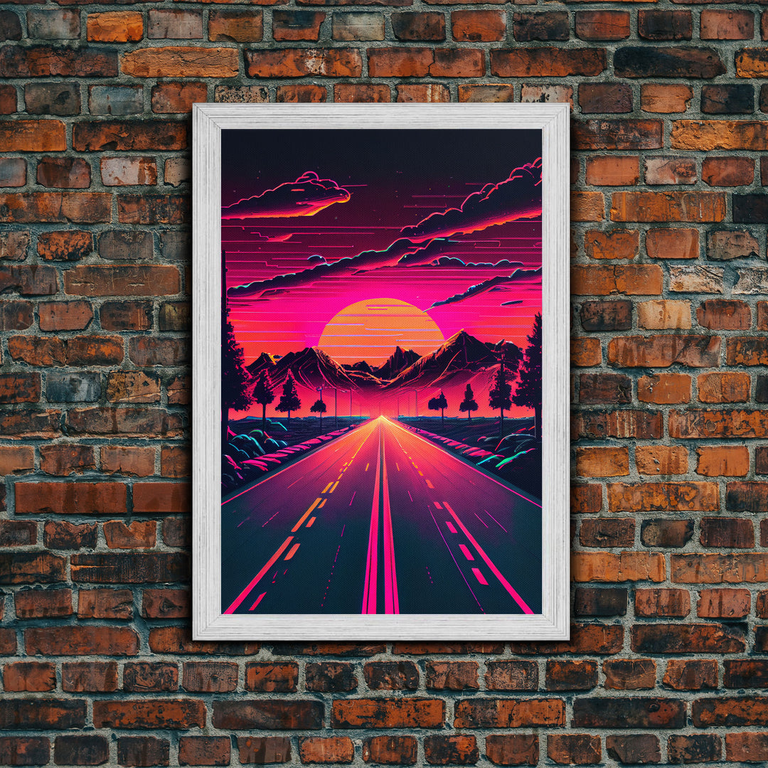 Outrun Sunset over the Arizona mountains, neon aesthetic art,  framed canvas print