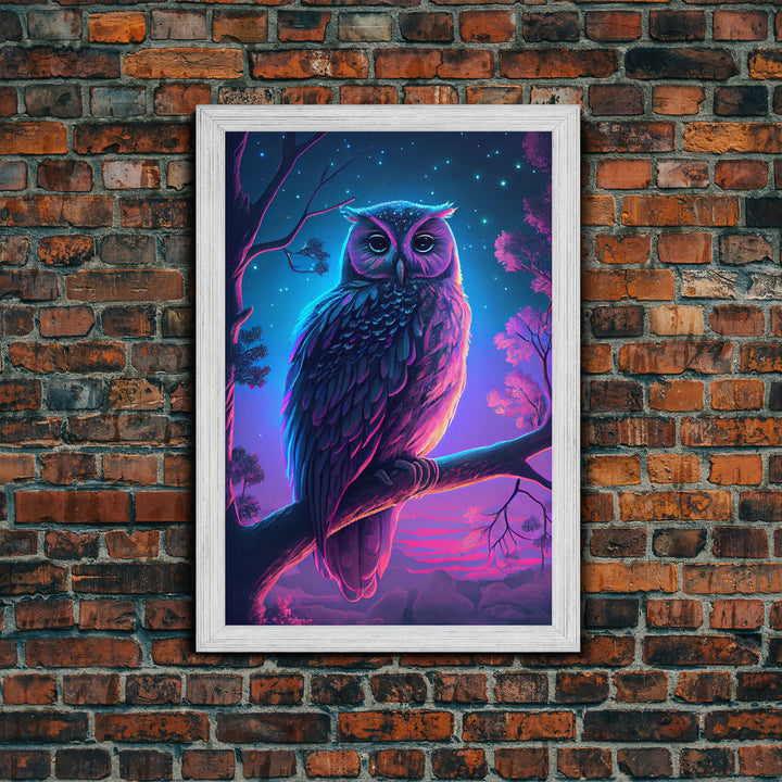 Retro Style Owl Art, Framed Canvas Print, outrun style owl at midnight under a starry sky