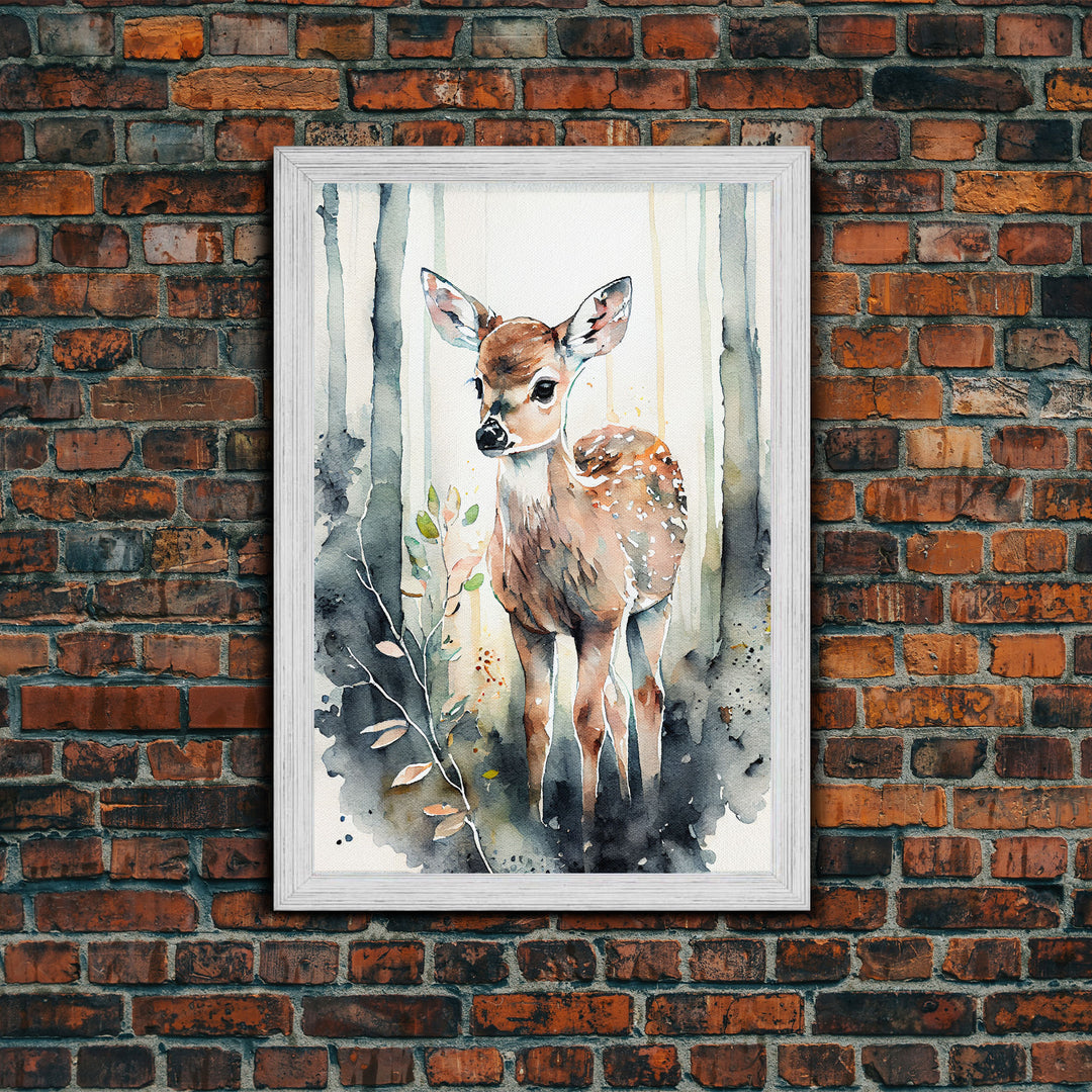 Watercolor portrait of a deer fawn, framed canvas print