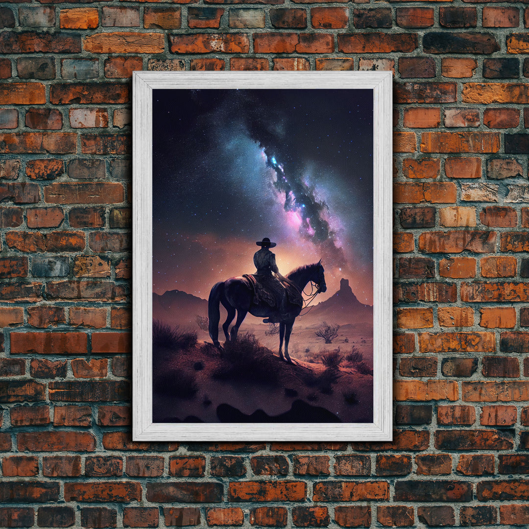 Cowboy contemplating the stars, framed canvas print