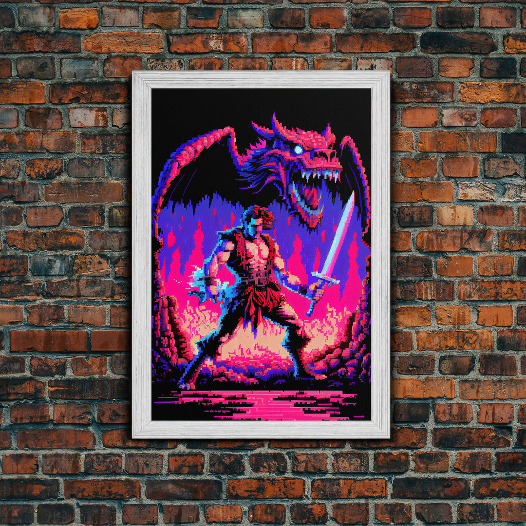 Tabletop RPG art, vaporwave neon aesthetic, Barbarian art, framed canvas print