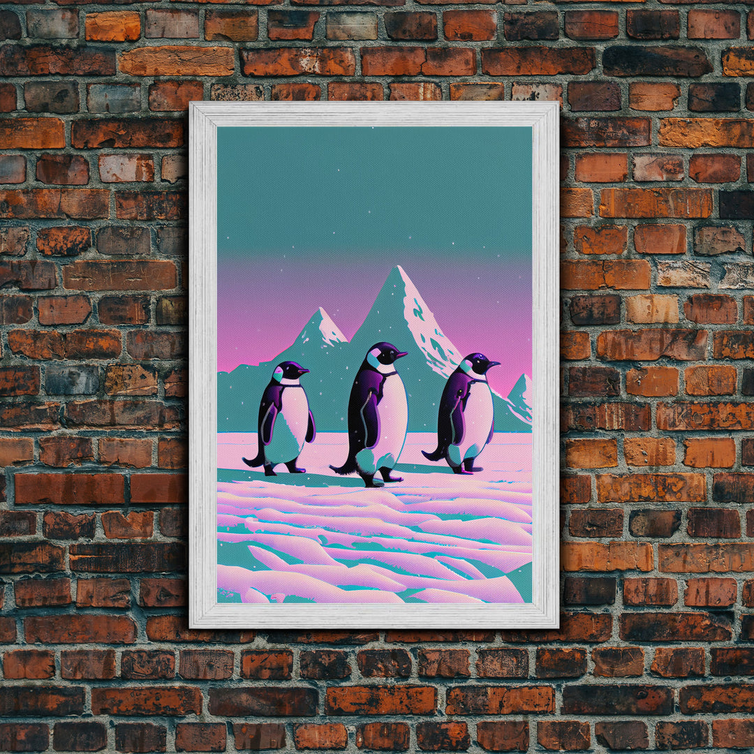 Retrowave Penguins in the Arctic, synthwave style wall art, Antarctica art, framed canvas print, cute animal prints