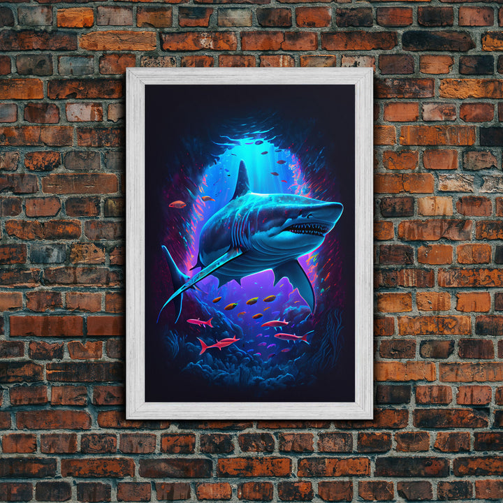 Shark Art, framed canvas print, colorful retro style shark art watercolor painting print