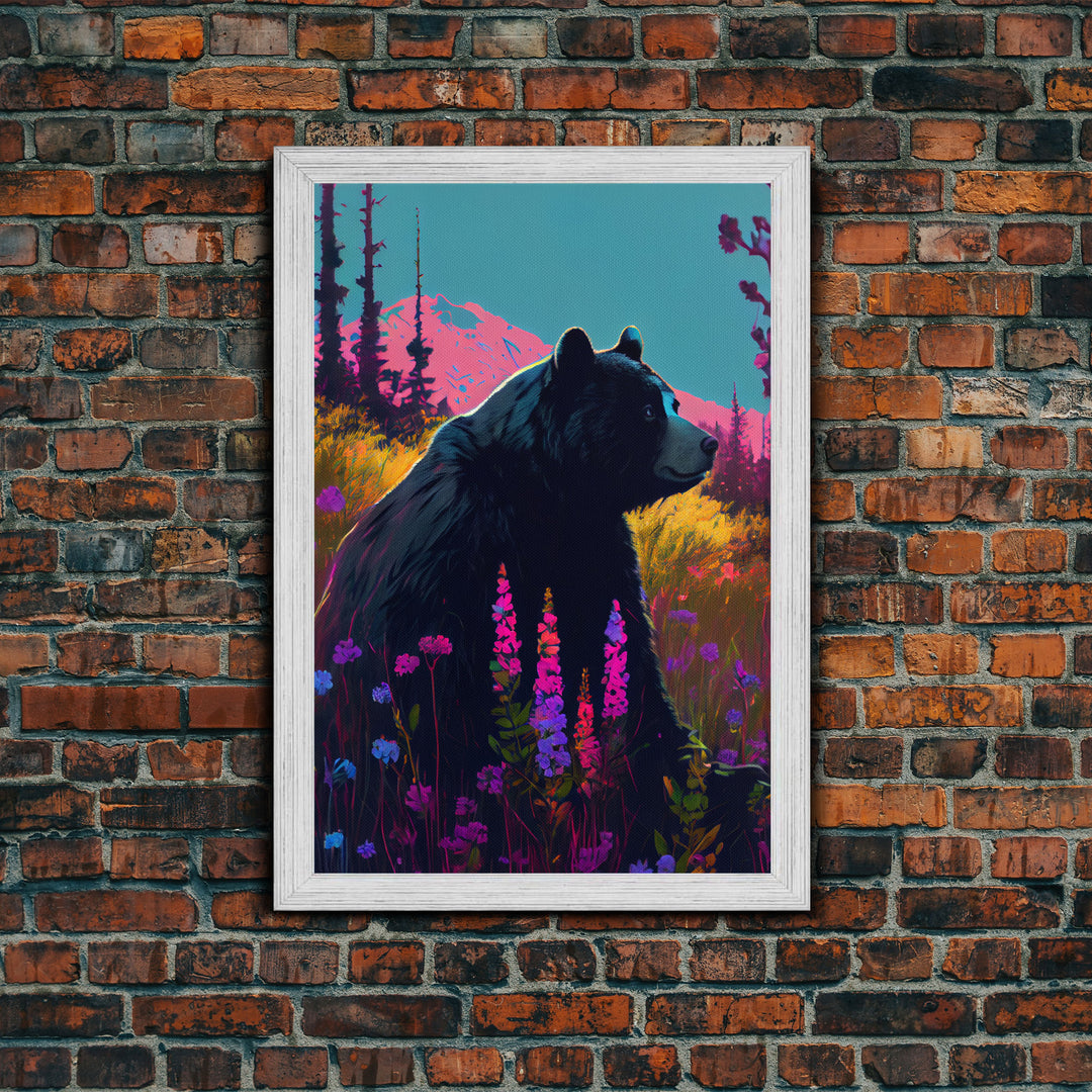 Cute brown bear stopping to smell the flowers, animal prints, framed canvas print, colorful unique wall art